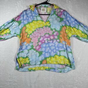 Emily McCarthy Top Women XS Multicolor Artsy Print Puff Sleeve Split Neck Blouse